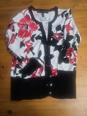 White + Red Floral Cardigan Sweater with Black Trim